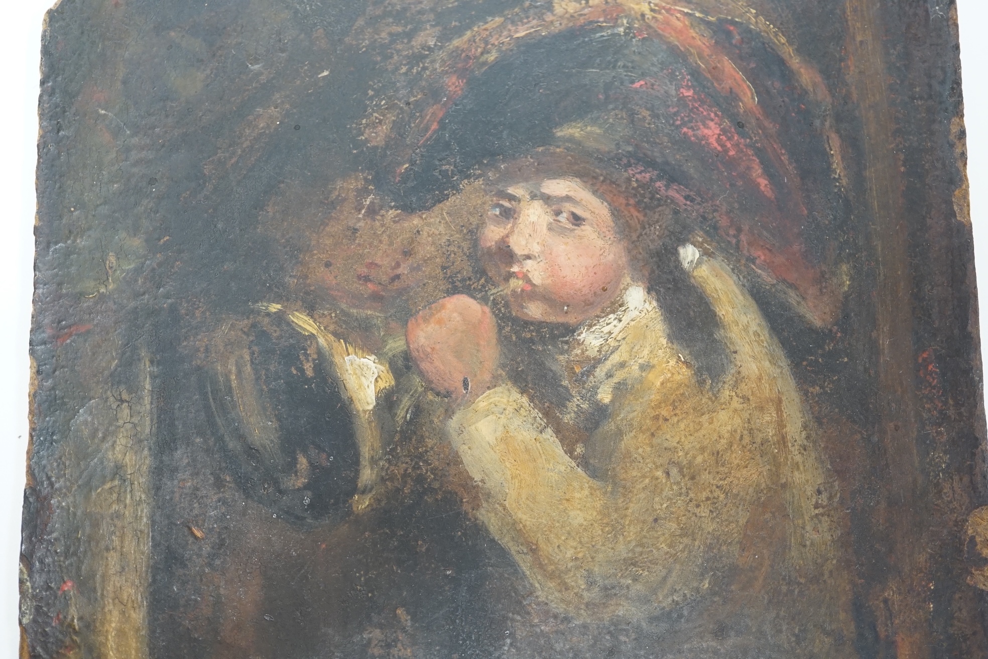 19th century oil on board, study of a figure playing a trumpet, unsigned, 18 x 15.5cm. Condition - poor